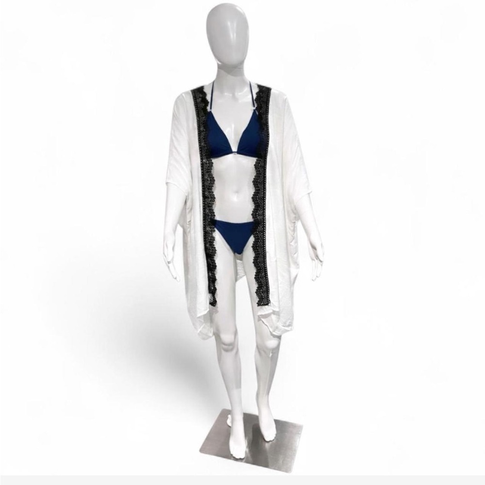 White kimono bathing suit coverup with lace embroidered trim and tie